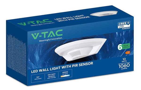 V-TAC CREE SMD 10W fali LED lámpa, mozgásérzékelővel, természetes fehér - SKU 234216