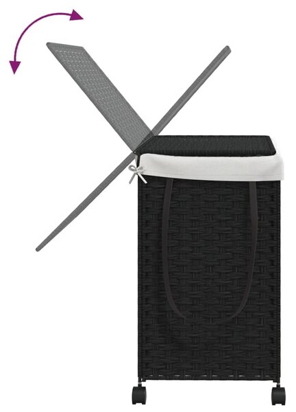 Fekete rattan szennyeskosár kerekekkel 60x35x60,5 cm