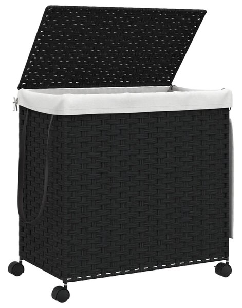 Fekete rattan szennyeskosár kerekekkel 60x35x60,5 cm
