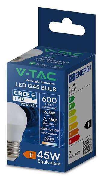 V-TAC CREE SMD 6.5W E27 meleg fehér G45 LED égő - SKU 218666