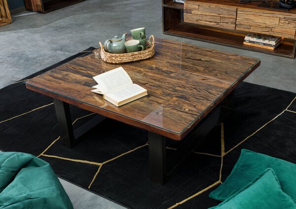 Kávézóasztal antik fa 100x100x42 barna lakkozott CITY