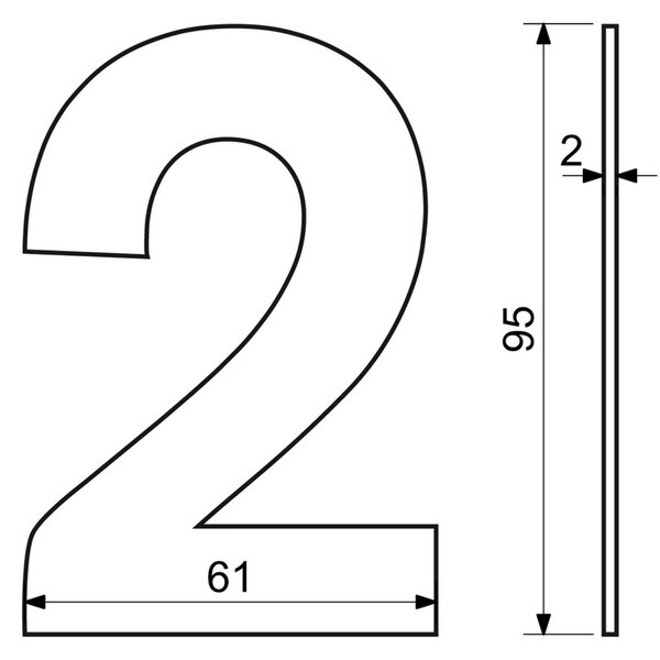 "2" házszám, RN.95L, rozsdamentes acél