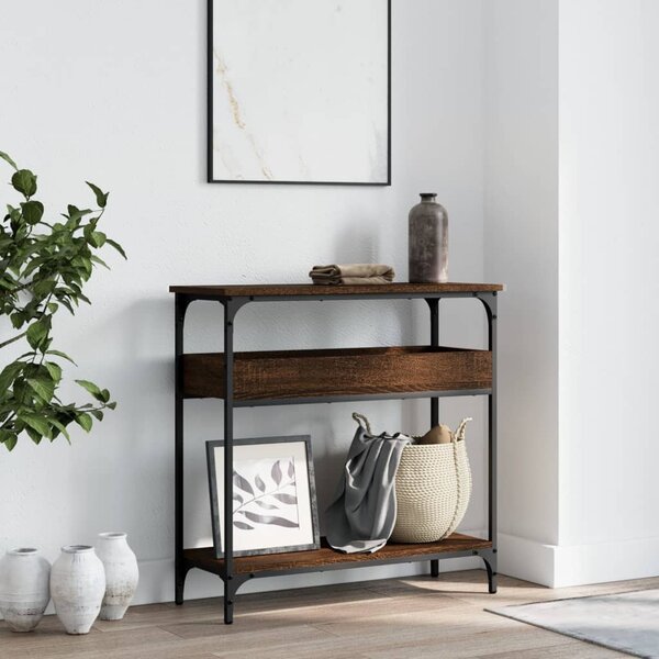 Barna tölgyszínű szerelt fa tálalóasztal polccal 75x29x75 cm