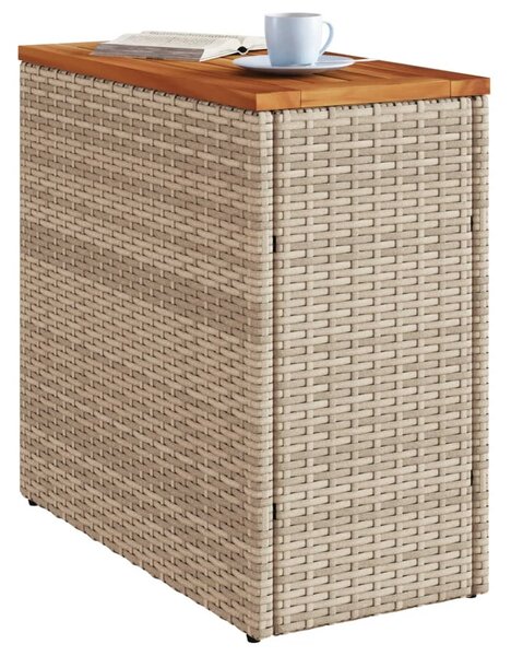 Bézs polyrattan kerti kisasztal fa asztallappal 58x27,5x55 cm