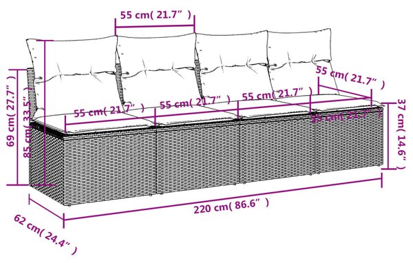 4 személyes szürke polyrattan kerti kanapé párnával
