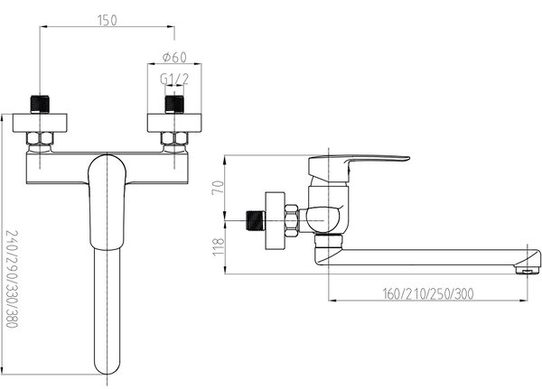 Mereo, Mereo fali mosogatócsaptelep, Pego, 150 mm, lapos egyenes karral 160 mm, króm, MER-CB30202P
