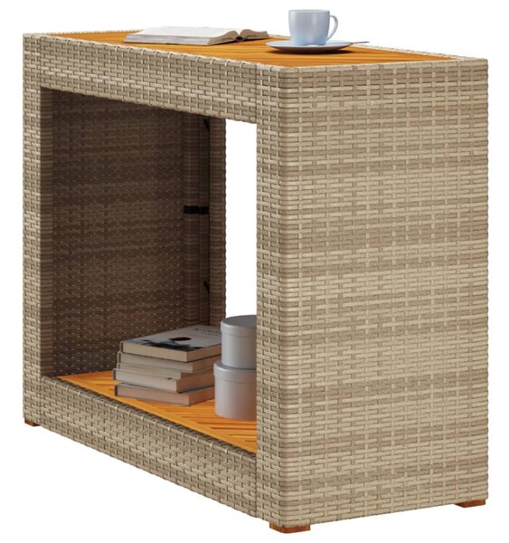 Bézs polyrattan kerti kisasztal fa asztallappal 100x40x75 cm