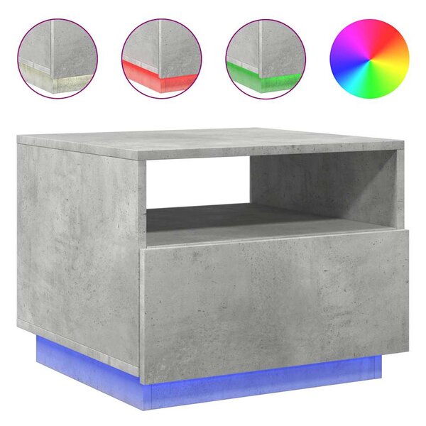 Betonszürke dohányzóasztal LED-lámpákkal 50x49x40 cm