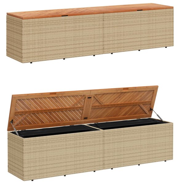 Bézs polyrattan és akácfa kerti tárolóláda 220 x 50 x 54 cm