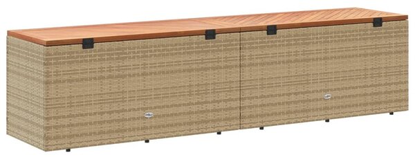Bézs polyrattan és akácfa kerti tárolóláda 220 x 50 x 54 cm