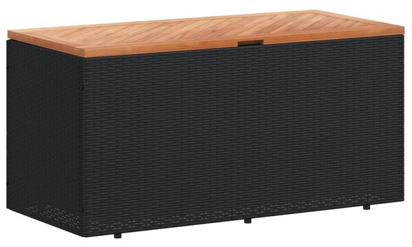 Fekete polyrattan és akácfa kerti tárolóláda 110 x 50 x 54 cm