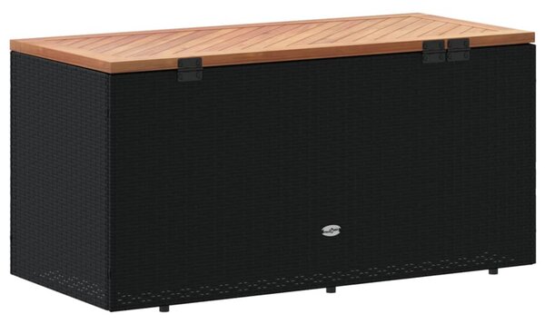 Fekete polyrattan és akácfa kerti tárolóláda 110 x 50 x 54 cm