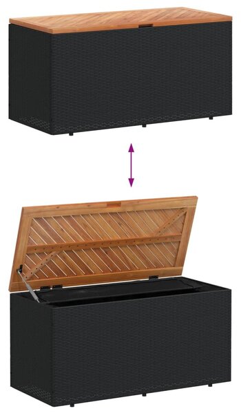 Fekete polyrattan és akácfa kerti tárolóláda 110 x 50 x 54 cm