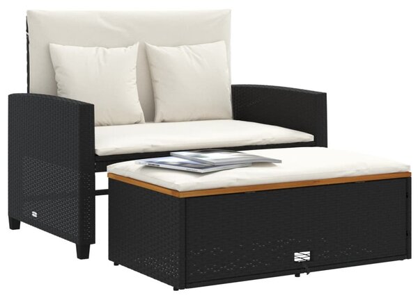 2 személyes fekete polyrattan/akácfa kerti kanapé párnával