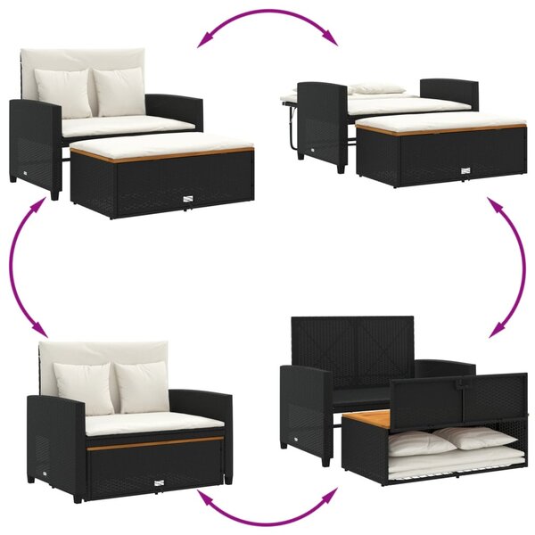 2 személyes fekete polyrattan/akácfa kerti kanapé párnával