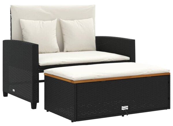 2 személyes fekete polyrattan/akácfa kerti kanapé párnával