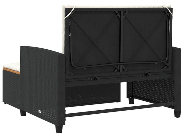 2 személyes fekete polyrattan/akácfa kerti kanapé párnával