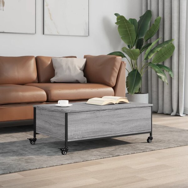 Szürke sonoma szerelt fa dohányzóasztal kerekekkel 91x55x34 cm