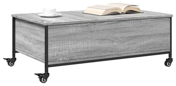 Szürke sonoma szerelt fa dohányzóasztal kerekekkel 91x55x34 cm