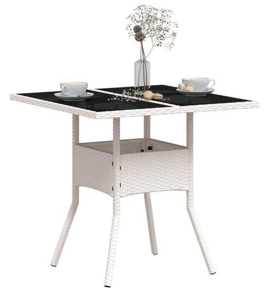 Fehér polyrattan üveglapos kerti asztal 80 x 80 x 75 cm