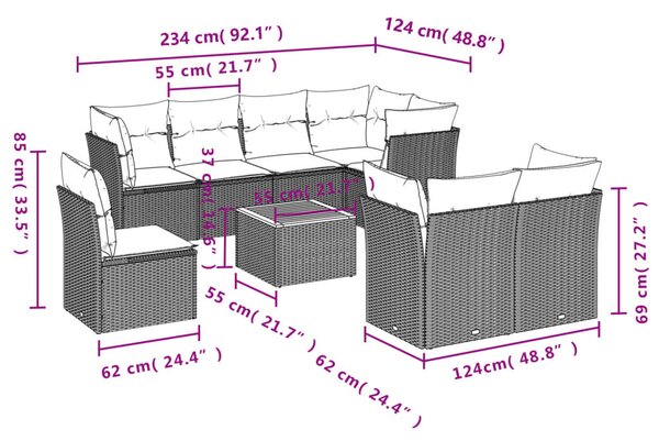 9 részes bézs polyrattan kerti ülőgarnitúra párnákkal