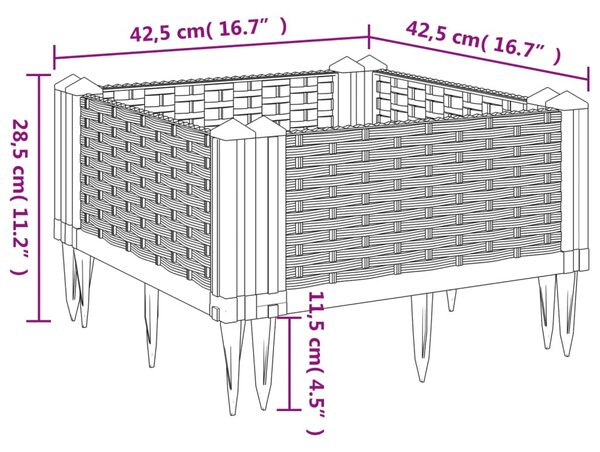 Fekete polipropilén kerti virágláda cövekekkel 42,5x42,5x28,5cm