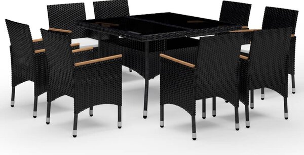 9 részes fekete polyrattan és akácfa kerti étkezőgarnitúra