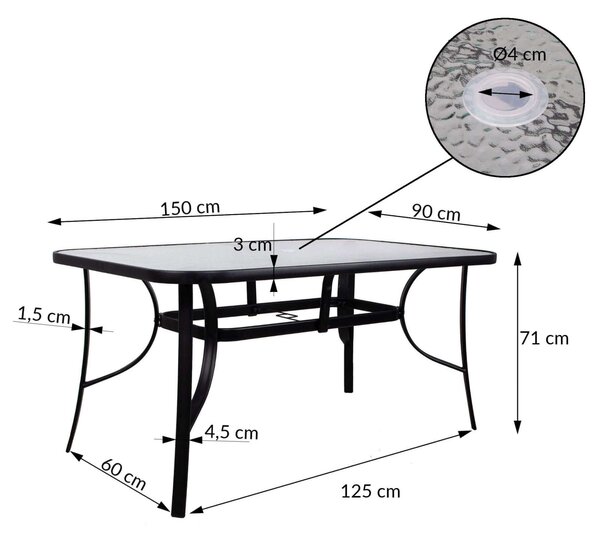 Springos üveg kerti Asztal 150x90x71cm - Fekete