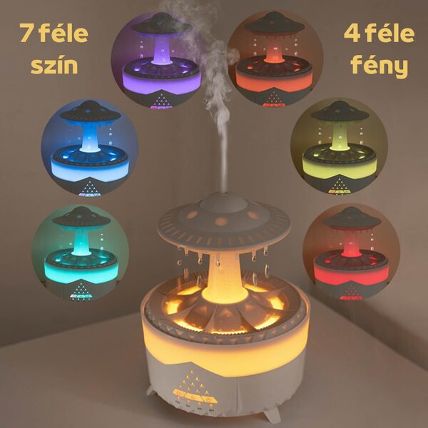Színes Esőcsepp Aromaterápiás Diffúzor Színes Fényekkel, Vízcseppekkel, Távirányítóval és Időzítővel - Fehér