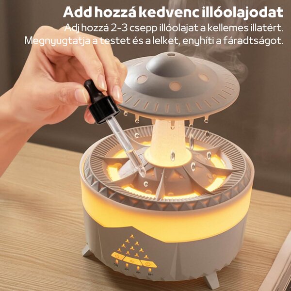 Színes Esőcsepp Aromaterápiás Diffúzor Színes Fényekkel, Vízcseppekkel, Távirányítóval és Időzítővel - Fehér