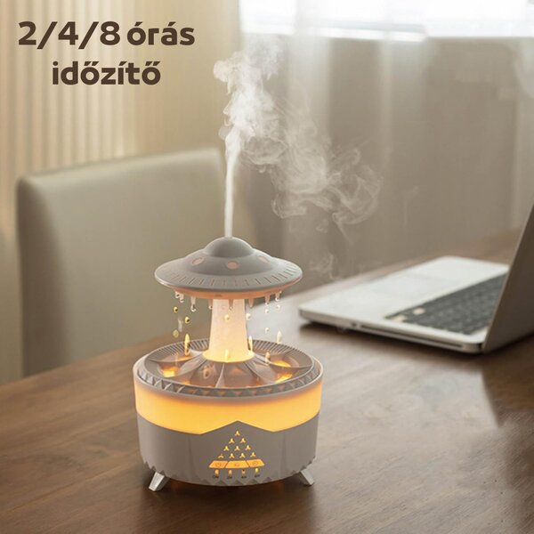 Színes Esőcsepp Aromaterápiás Diffúzor Színes Fényekkel, Vízcseppekkel, Távirányítóval és Időzítővel - Fehér