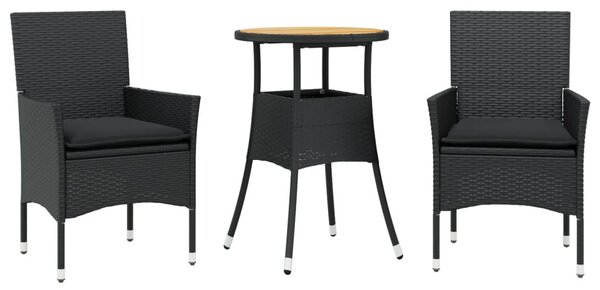 3részes fekete polyrattan/akácfa kerti étkezőgarnitúra párnákkal
