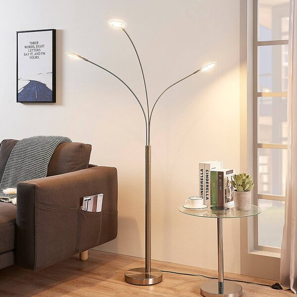 Lindby Anea LED álló lámpa, 167 cm, 3 izzós, nikkel színű, Alu / szürke / cink, Nappali / Étkező, fém, Modern
