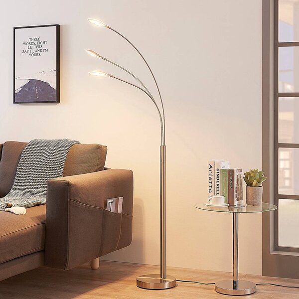Lindby Anea LED álló lámpa, 167 cm, 3 izzós, nikkel színű, Alu / szürke / cink, Nappali / Étkező, fém, Modern