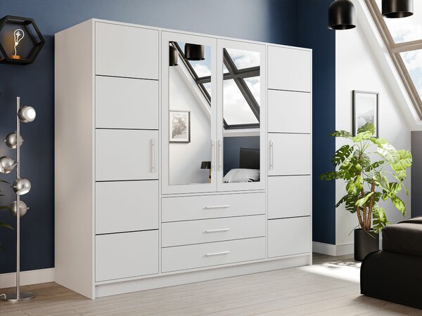 Gardróbszekrény Dortivu, Laminált forgácslap, 200x196x58cm, Fehér, Ezüst