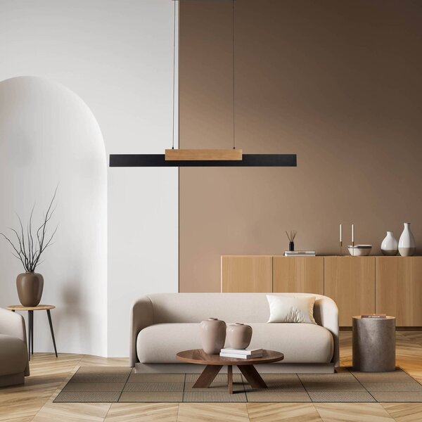 Näve Wiebke LED-es függőlámpa, fekete fa részlet 120,5 cm fényerőszabályzóval, dimmelhető, Fekete, Nappali / Étkező, fém, Modern