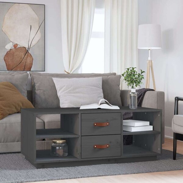 VIDAXL - Tömör Fenyőfa Dohányzóasztal Fiókkal - Szürke - 100x50x41 cm