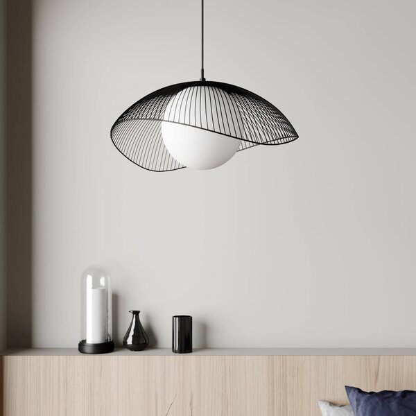 Lindby Fabronia függő lámpa, rács, üveggömb, dimmelhető, Fekete, Nappali / Étkező, fém, Modern