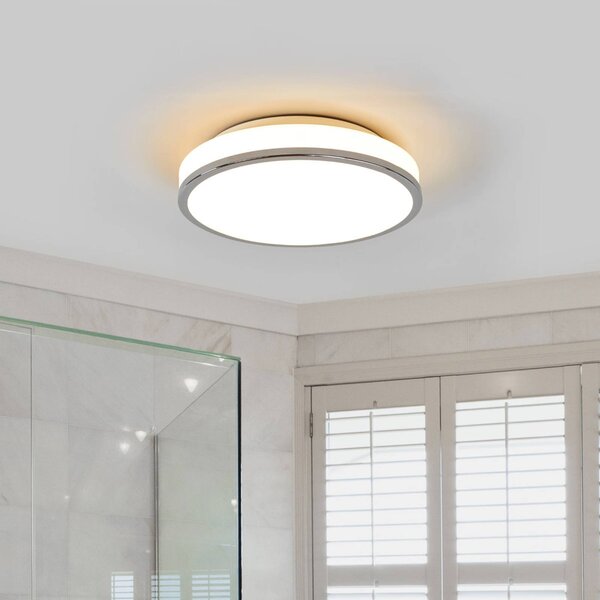 Lindby LED mennyezeti világítás Lyss, Ø 28 cm, króm színű, IP44, Fehér / opál, Fürdőszoba, Üveg, Modern