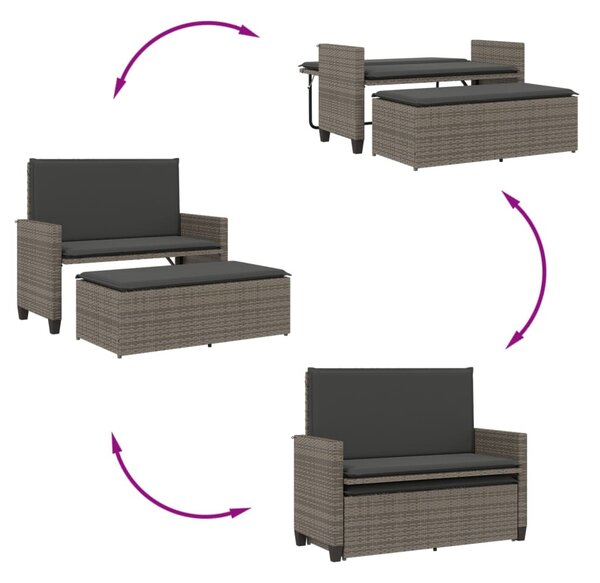 Szürke polyrattan kerti pad párnával és lábtartóval