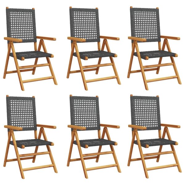 6 db fekete polyrattan és tömör fa dönthető kerti szék