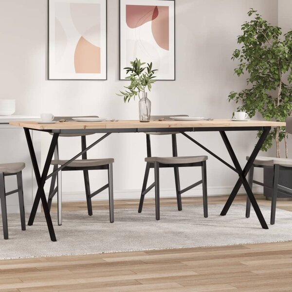 Tömör fenyőfa és acél étkezőasztal X-vázzal 180x90x75,5 cm