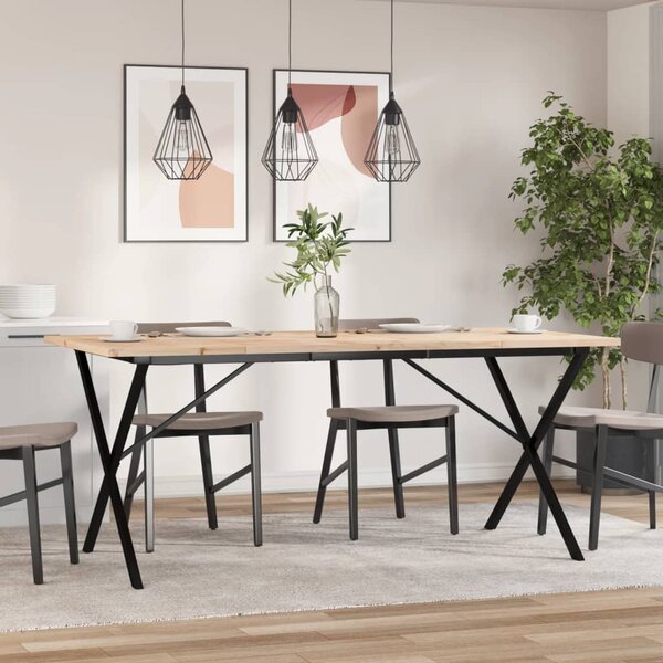 Tömör fenyőfa és acél étkezőasztal X-vázzal 180x90x75,5 cm
