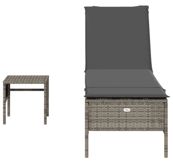 VidaXL szürke polyrattan napozóágy asztallal és párnával