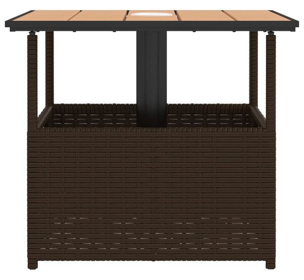 Barna polyrattan kerti asztal napernyőlyukkal 55x55x46,5 cm