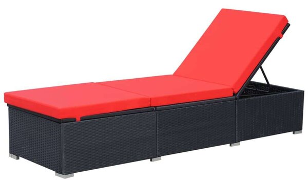 VidaXL Napozóágy - Fekete Polyrattan - Piros Párna