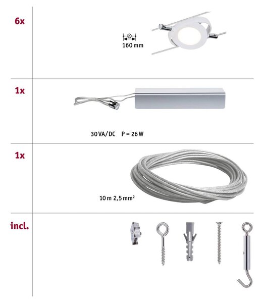 Paulmann RoundMac LED-kötélrendszer, 6-ágú, Króm / ezüst, Nappali / Étkező, fém, Modern