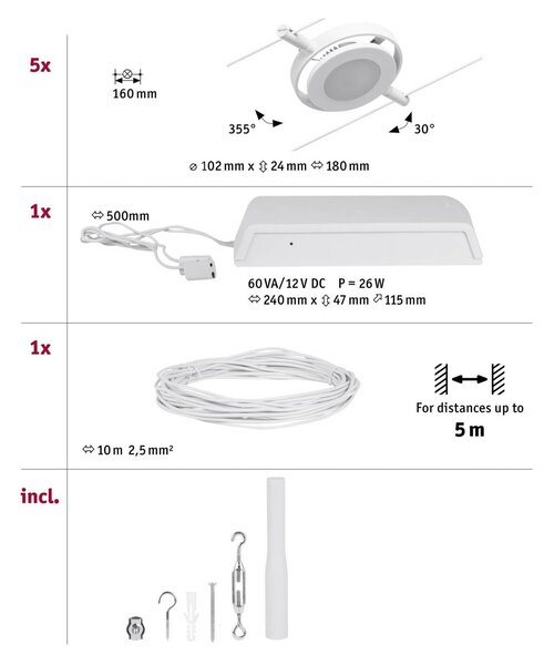 Paulmann Wire RoundMac LED kábelrendszer, 5 izzós, fehér, Fehér / opál, Folyosó, fém, Modern