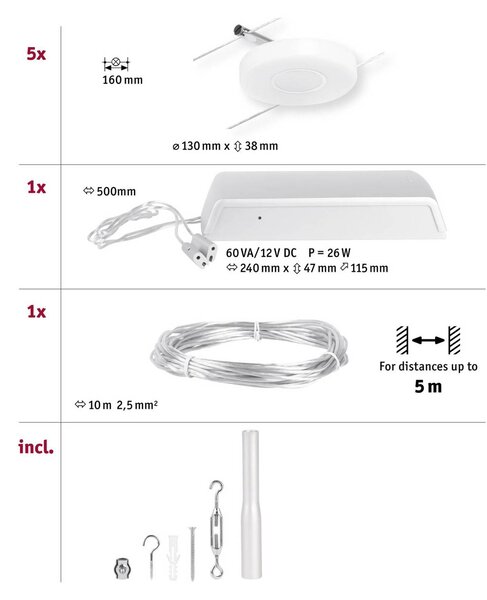 Paulmann Wire DiscLED LED kábelrendszer, 5 izzós, Fehér / opál, Folyosó, Műanyag, Modern