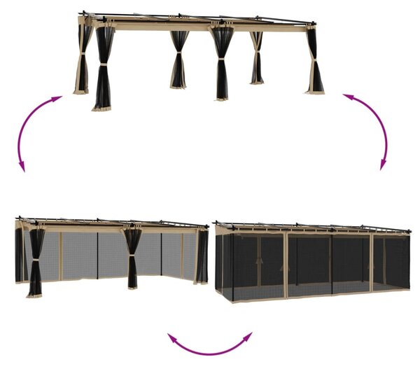 Tópszínű acél pavilon hálós oldalakkal 6 x 3 m